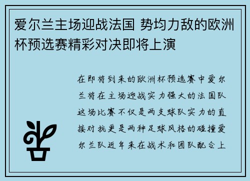 爱尔兰主场迎战法国 势均力敌的欧洲杯预选赛精彩对决即将上演